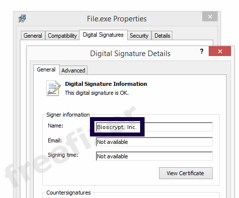 Screenshot of the Bioscrypt, Inc. certificate